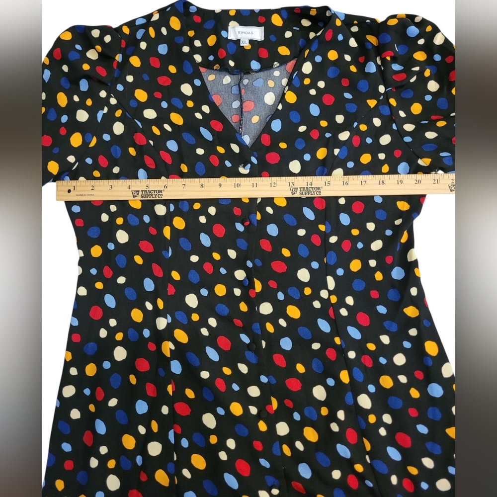 Rihoas Polka Dot Midi Dress Slim Tie Back XL Button Front Fit Flare Black S/S - Picture 7 of 11